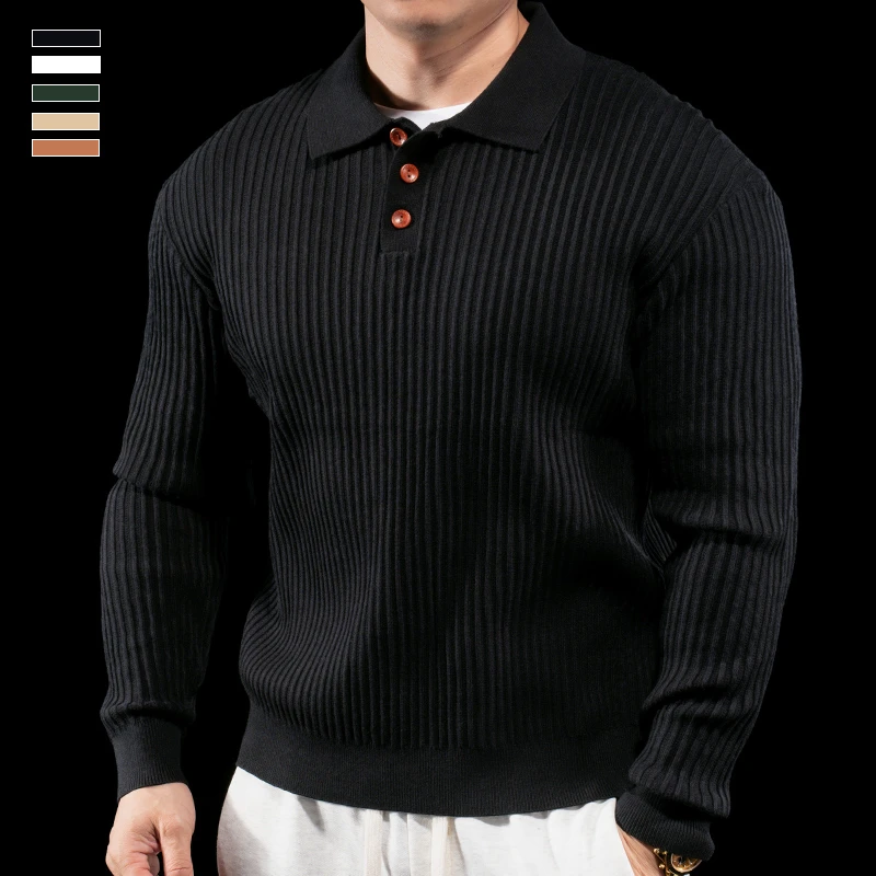 霸道肌肉男士翻领长袖POLO衫针织衫纯色秋冬款套头上衣宽松休闲