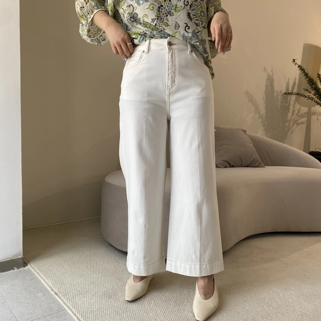 5080【云然】春夏薄款白色直筒弹力九分牛仔裤