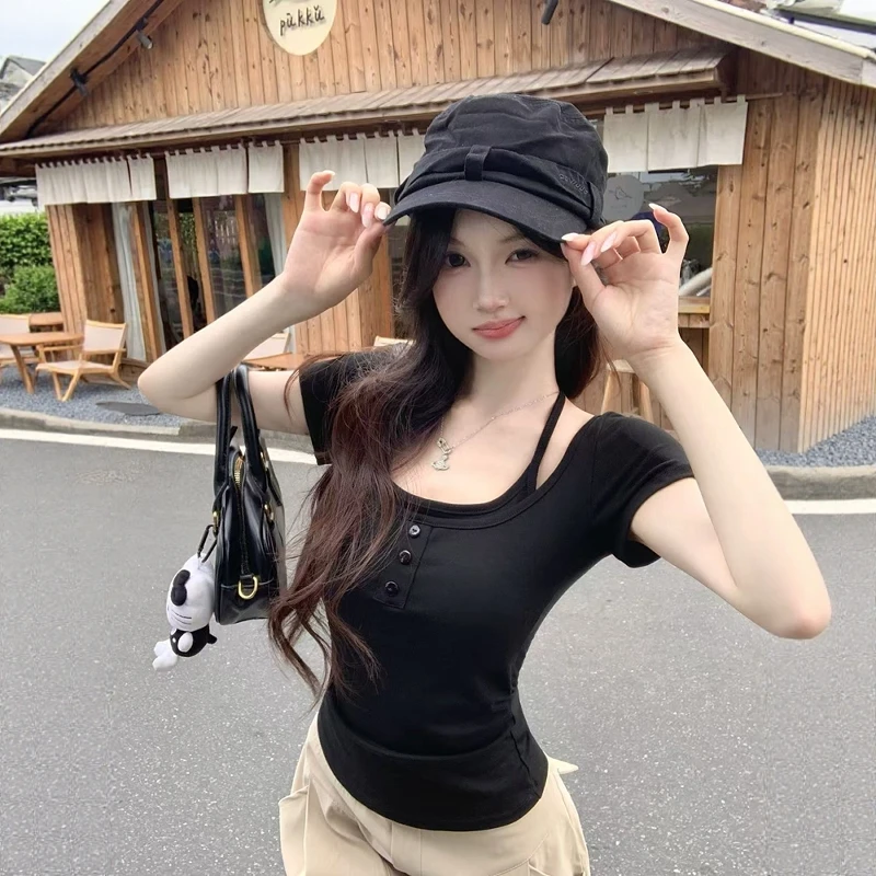 纯欲辣妹假两件挂脖黑色带胸垫短袖T恤女夏韩系性感显瘦掐腰上衣
