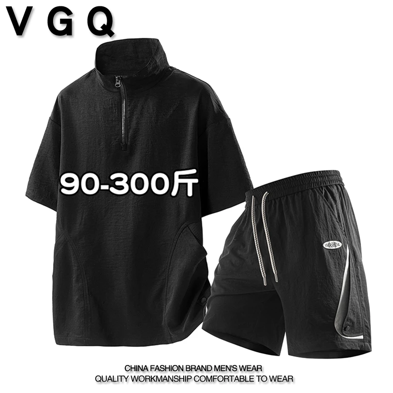 大码男士美式休闲宽松亨利领T恤短袖直筒短裤薄款百搭运动套装潮