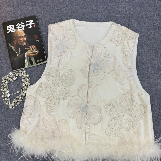 【汉白玉】新中式马甲加棉加厚刺绣亮片国风