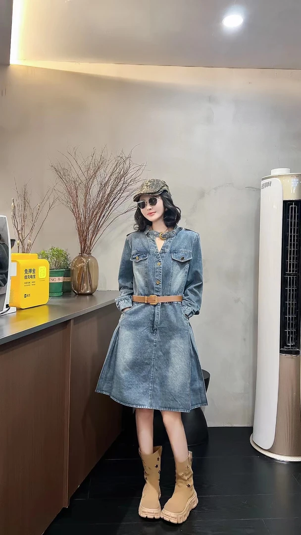 佳奇家5005法式复古气质牛仔连衣裙显瘦遮肉大码女装超仙洋气