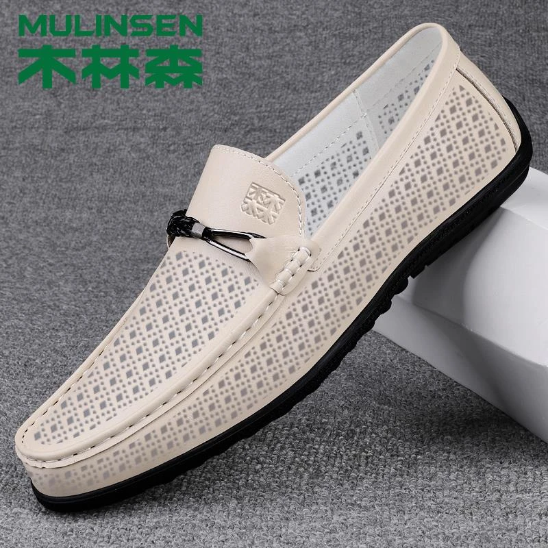 木林森男鞋春季新款镂空豆豆鞋男款正品透气休闲鞋子懒人驾车皮鞋