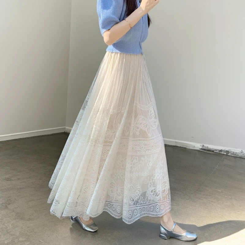 蕾丝新款百搭半身裙女2025爆款镂空大摆长裙高腰显廋A字网纱长裙
