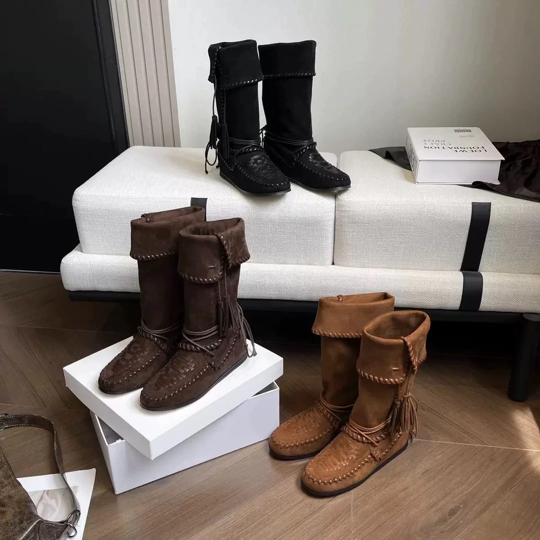 编织西部牛仔靴绒皮两穿长靴高筒靴