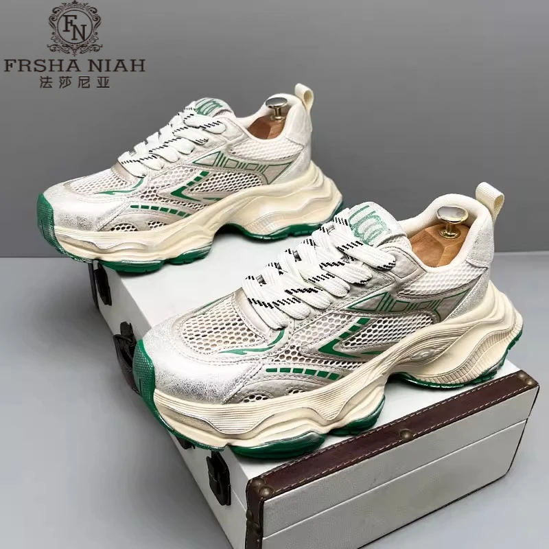 法莎尼亚夏季薄款透气老爹鞋镂空网面软底潮男厚网面厚底增高透气