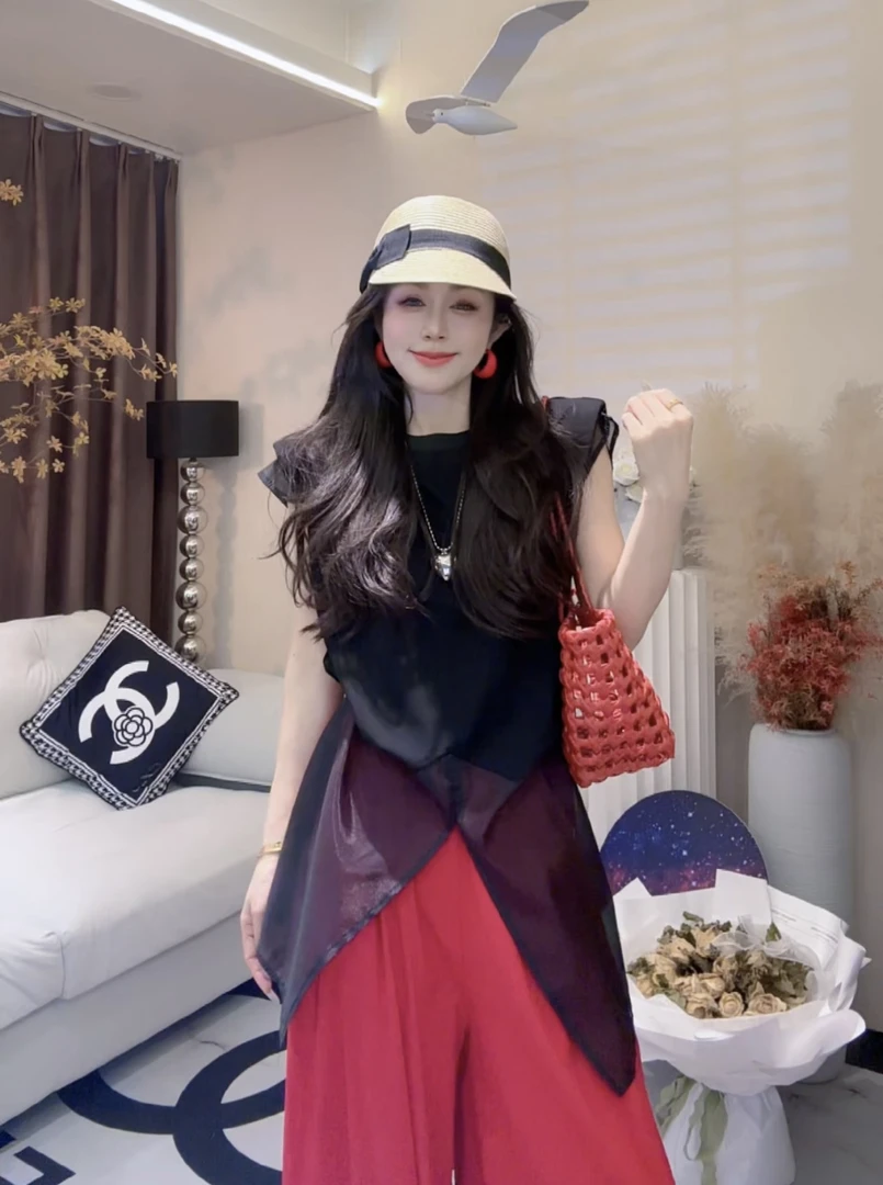 L.X~中长款网纱拼接短袖T恤新款夏季小众设计感小飞袖上衣6595