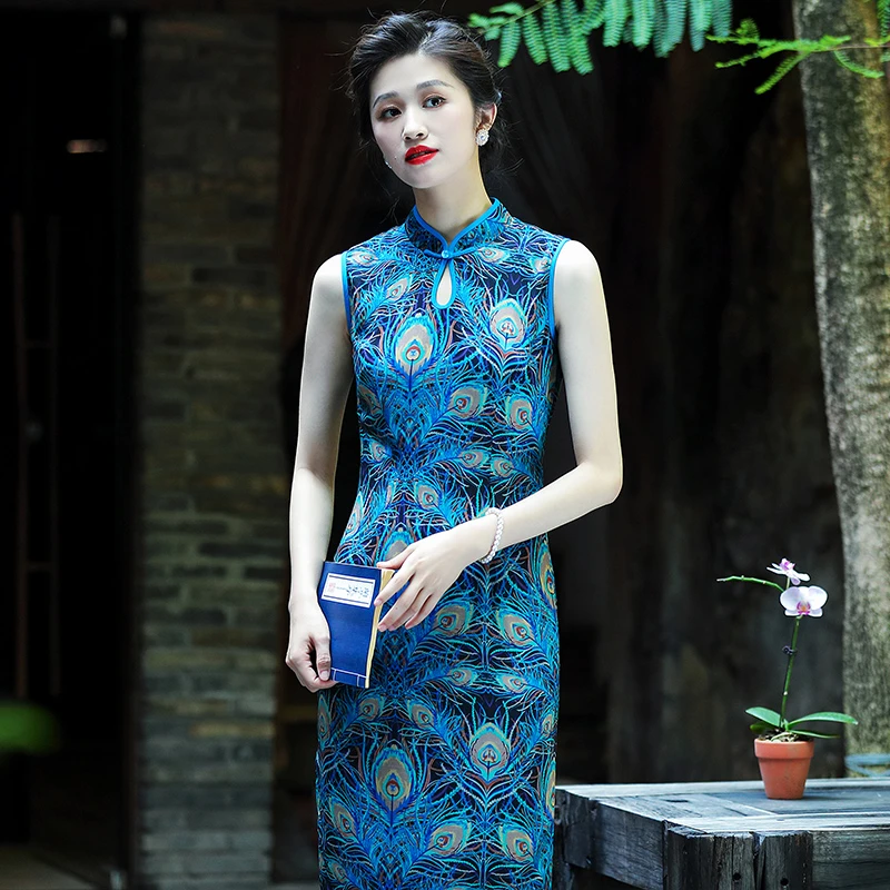 【思琪精选】夏季旗袍中式新款复古中国风优雅孔雀印花日常改良长款