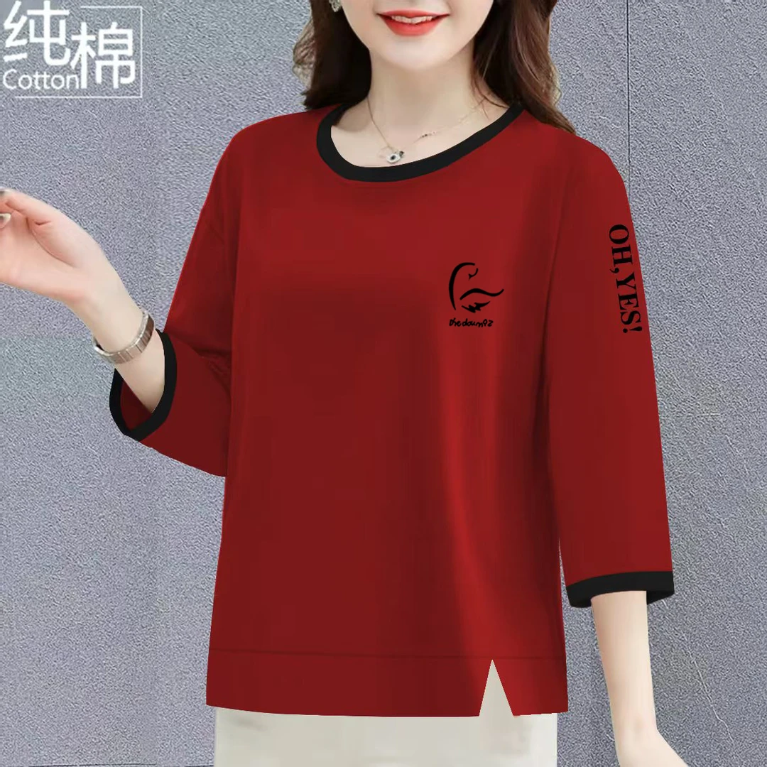 100%纯棉新款七分袖T恤女春夏ins显瘦圆领上衣韩版宽松时尚