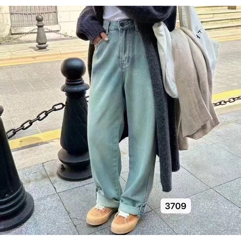 新款高腰卷边牛仔裤3709