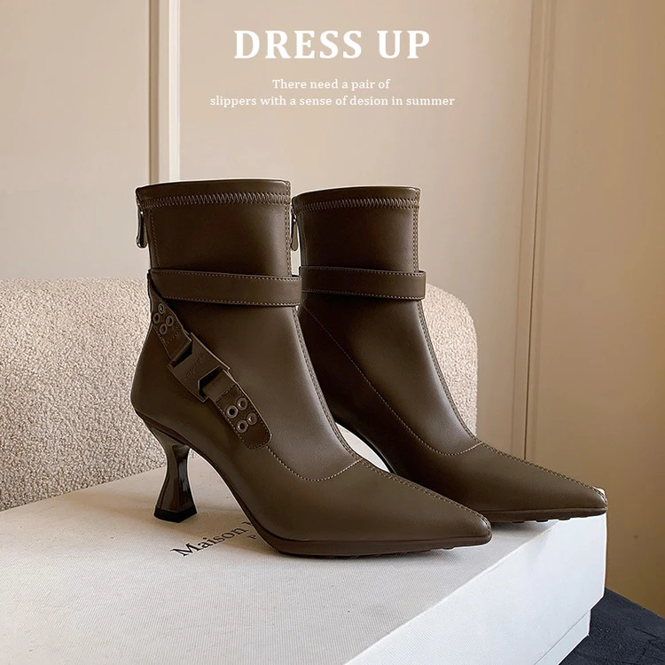 2025新款气质尖头细跟漆皮弹力瘦瘦靴女通勤百搭侧拉链短靴