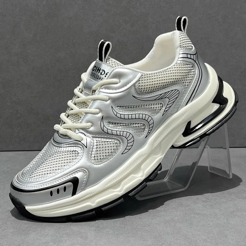 Baldauren男鞋运动鞋2025新款厚底轻便休闲网鞋透气银色老爹鞋子