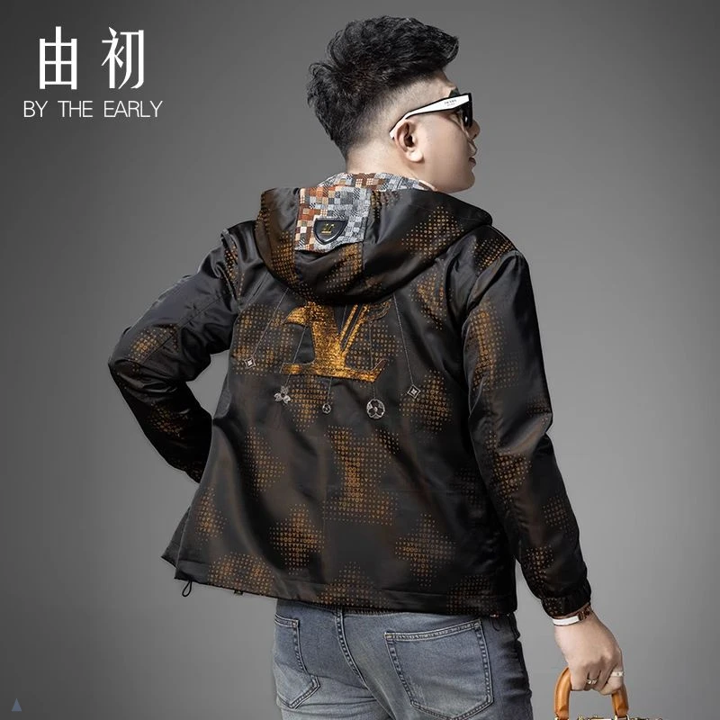 欧货新款潮流痞帅提花刺绣夹克印花外套男青年休闲拉链连帽上衣