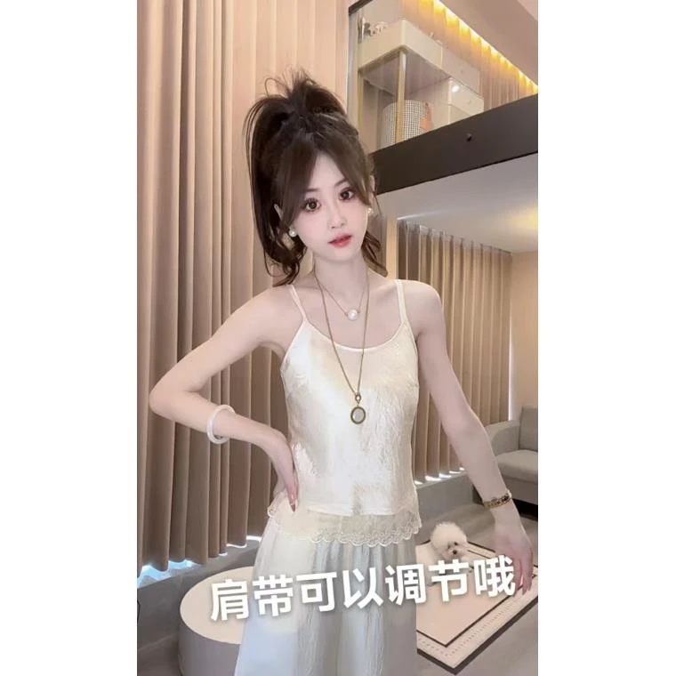 Ling【蕾丝背心】夏季新款无胸垫背心无袖性感薄款下摆蕾丝设计感百