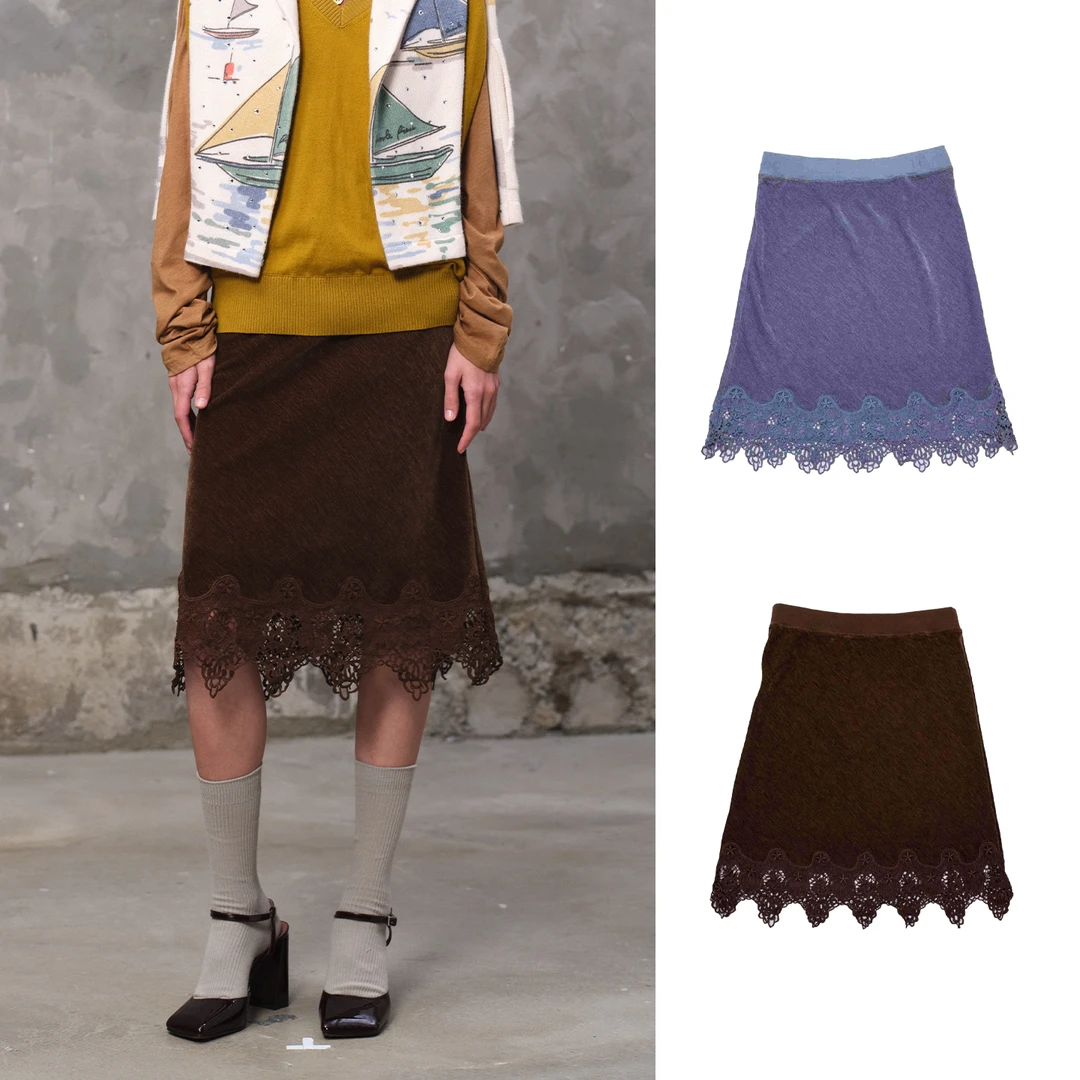 puzzle piece设计师品牌26早春烟蓝色蕾丝半裙