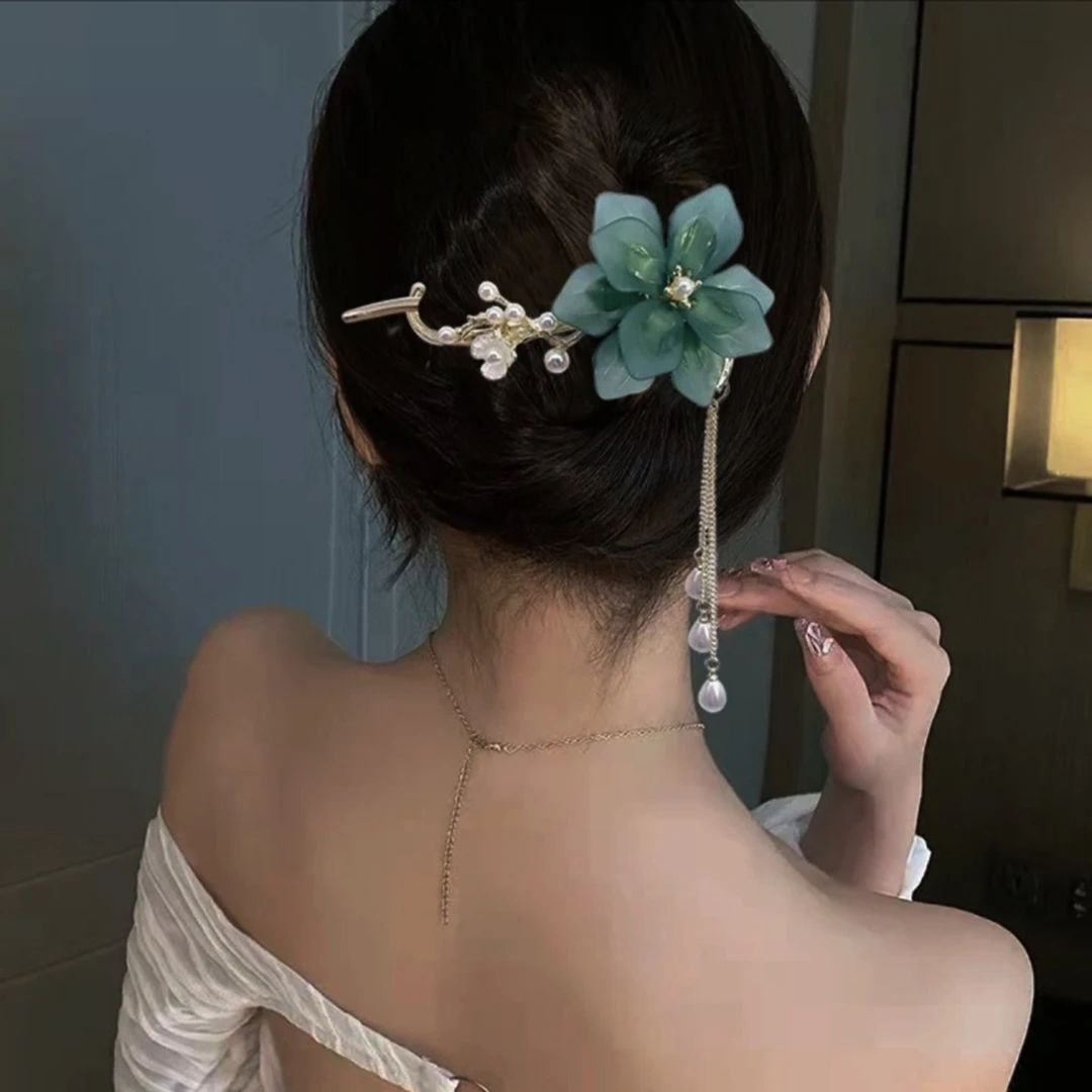 精致花朵发夹后脑勺盘发抓夹古风流苏一字夹高级感扭扭夹发卡头饰