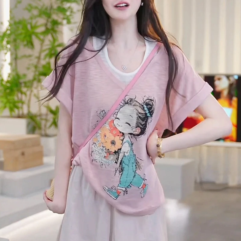 2025年夏季拼色拼接圆领宽松显瘦休闲短袖T恤时尚百搭女气质