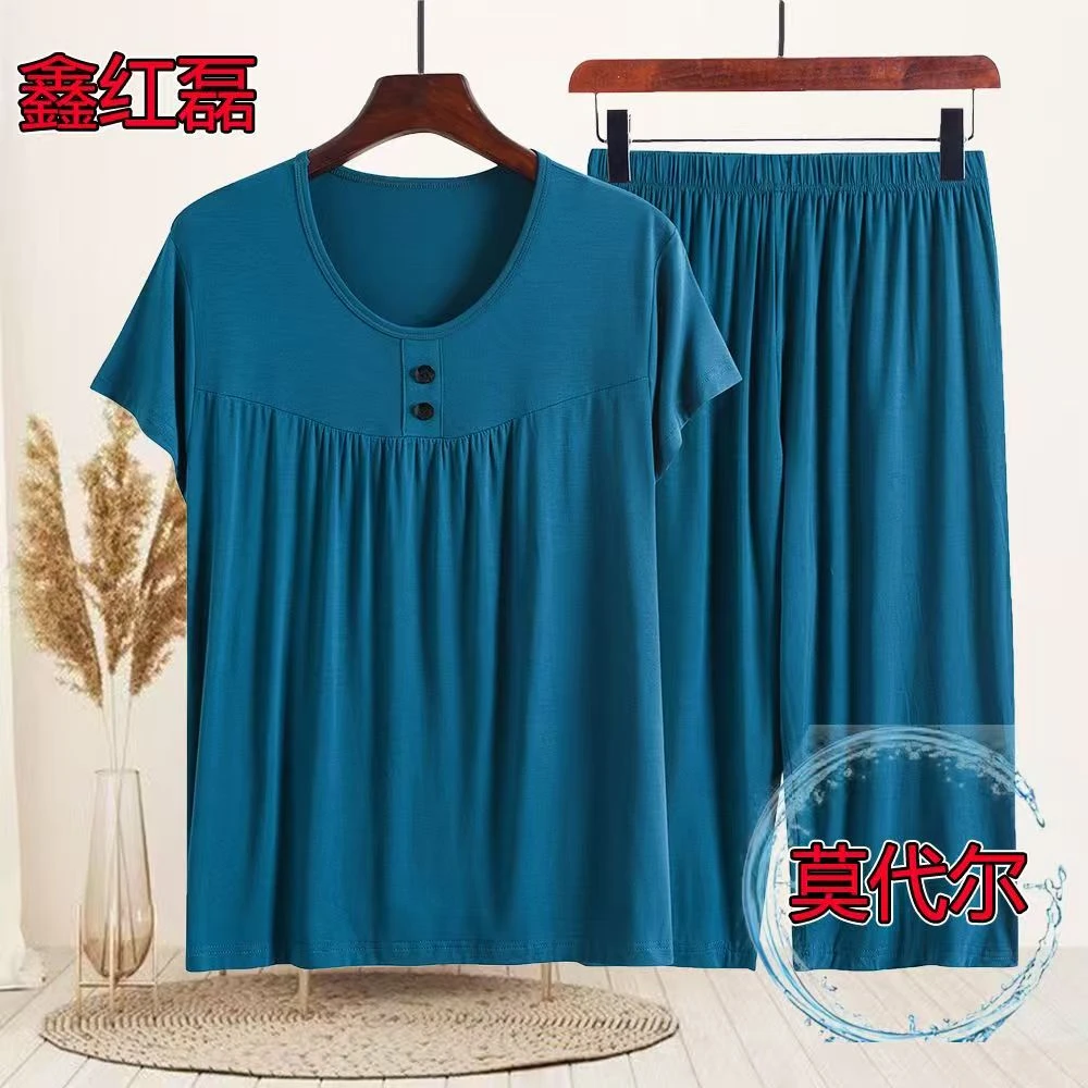 夏季莫代尔妈妈居家套装大码宽松短袖t恤七分裤高弹力宽松两件套