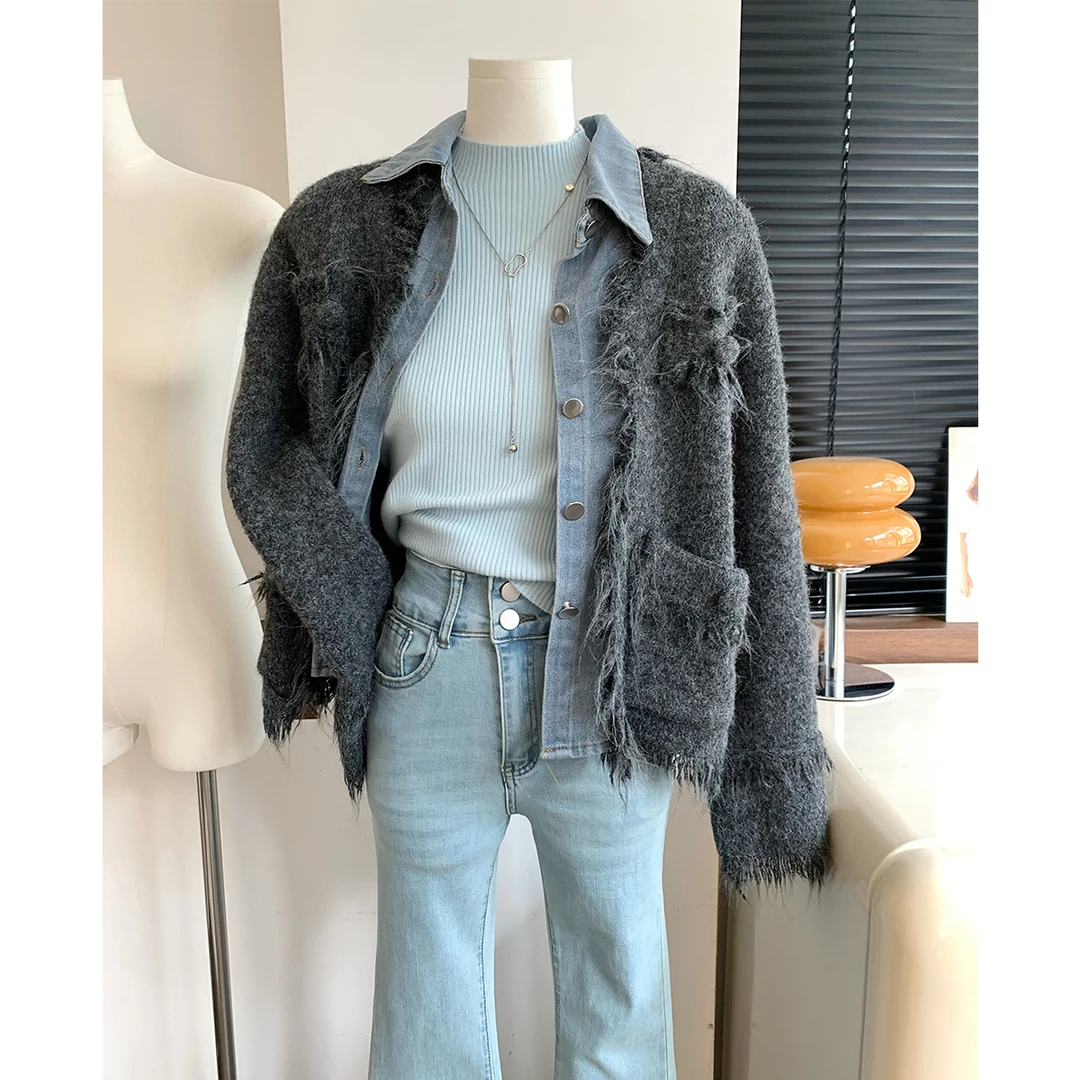 秋冬韩版毛衣外套女假两件复古设计感流苏小众高级感拼接牛仔短款