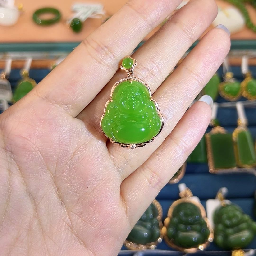 和田玉（碧玉）18K金镶嵌吊坠(不含链)老料苹果绿佛公22mm