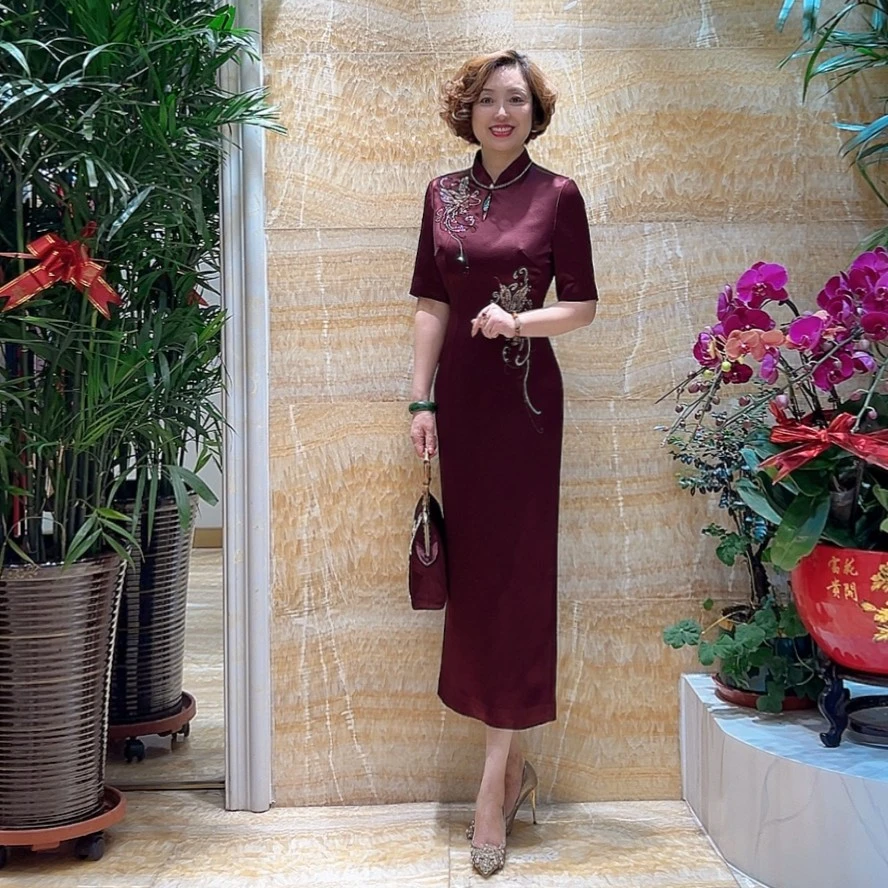 六礼170307喜婆婆婚礼旗袍婚宴中国风枣红色高贵优雅气质显瘦婚庆