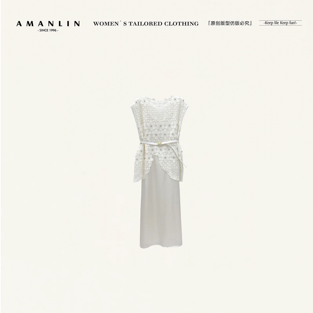 AMANLIN/阿谩琳欧若风圆领镂空钩花无袖上衣+吊带两件套Y598533