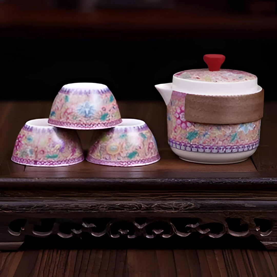 KK0319-珐琅彩旅行茶具一壶三杯手工高档陶瓷中式日式复古精美