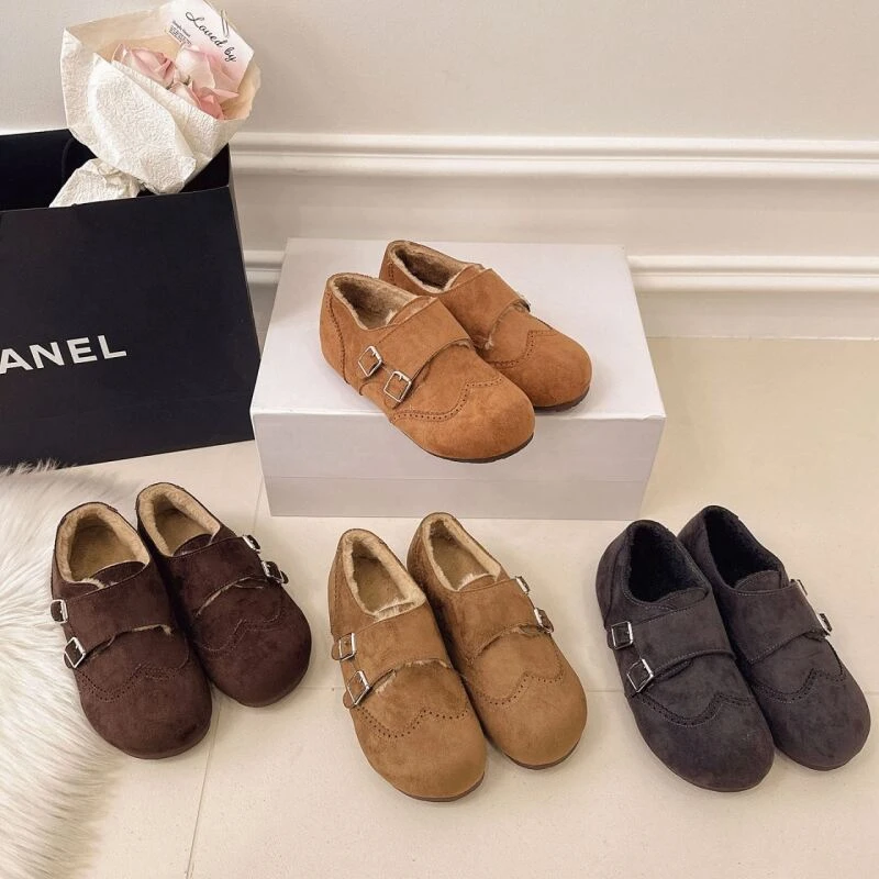 平底加绒勃肯鞋女2025新款冬季复古雕花毛绒豆豆鞋棉鞋保暖毛毛鞋