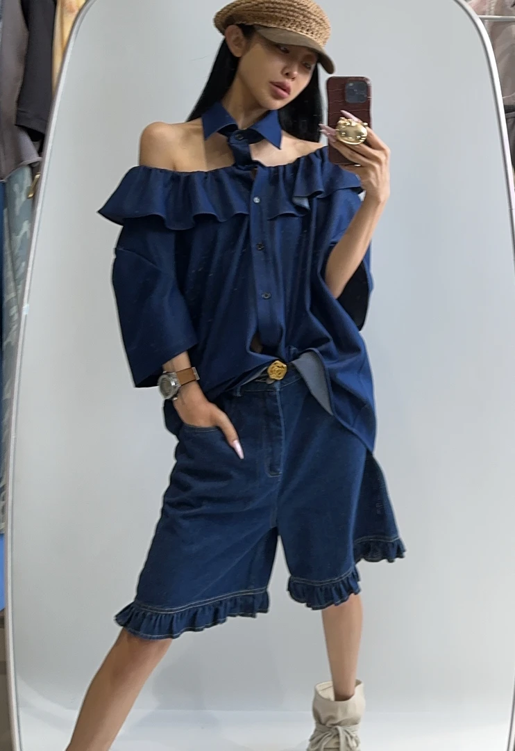 VIVISPLENDID20676#（定制款NO退NO换）可露肩可一字肩荷叶衬衫