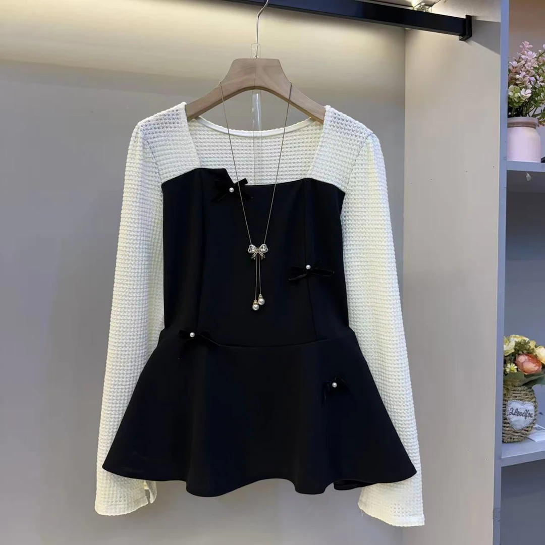 钉珠大码衬衫常规早秋方领拼接长袖2025标准方领女人衫