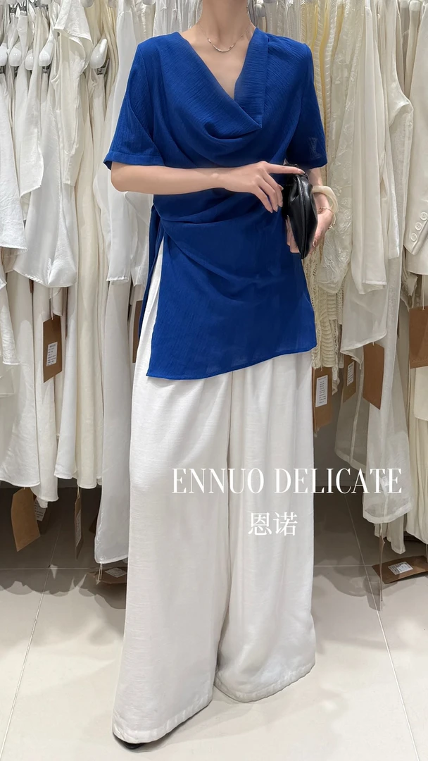 恩诺荡领侧开衩系带显瘦上衣 Y1915（福福）