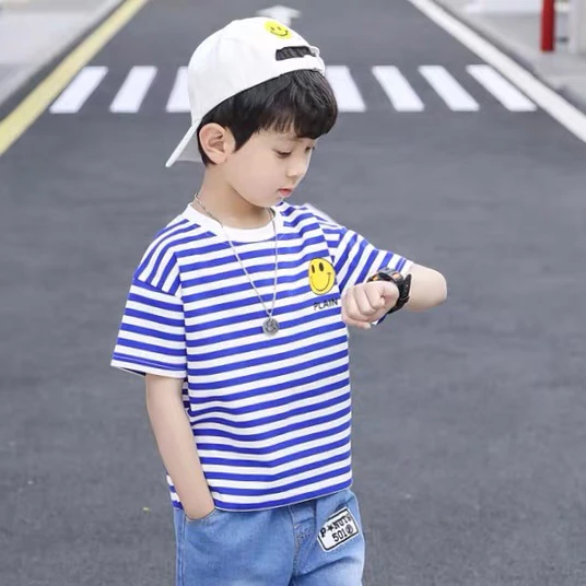 童装夏装男童夏季短袖T恤衫中大童经典条纹印花圆领上衣潮