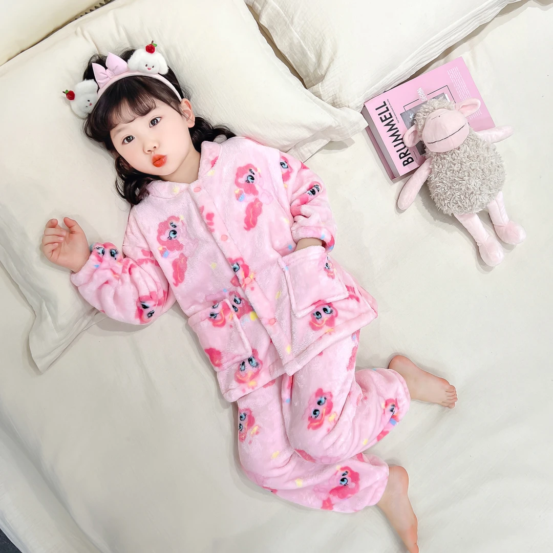 儿童法兰绒睡衣秋冬款小女孩宝宝珊瑚绒家居服套装儿童保暖两件套