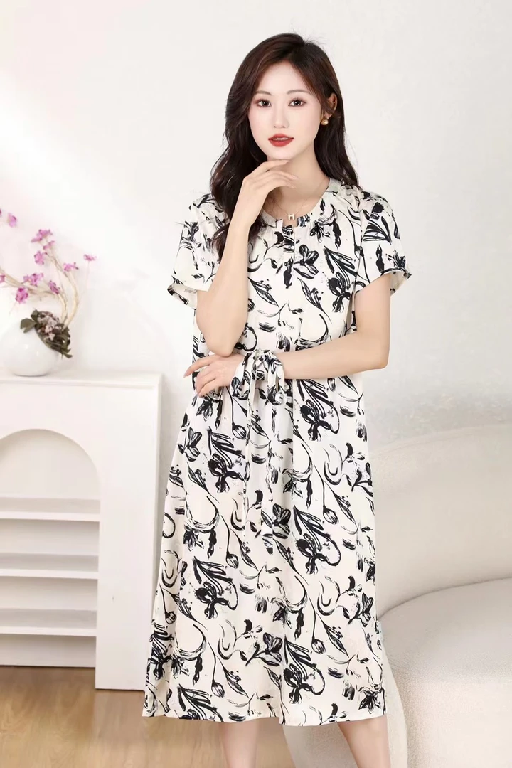 黑色花卉  限定系列女装连衣裙收腰休闲系带长裙显瘦气质时尚