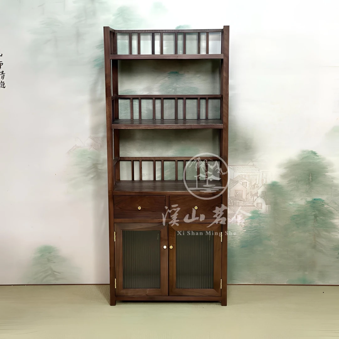 【书韵落地柜】黑胡桃木落地博古柜双开带抽屉新中式展示柜茶室书房