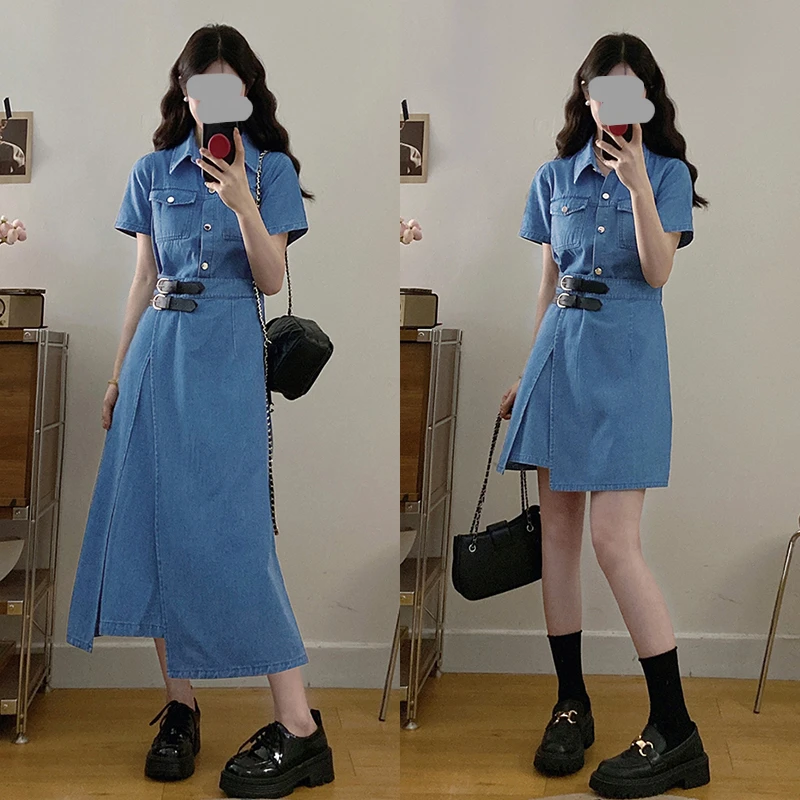 复古设计感收腰牛仔连衣裙女夏季大码胖mm韩版气质显瘦中长款裙子