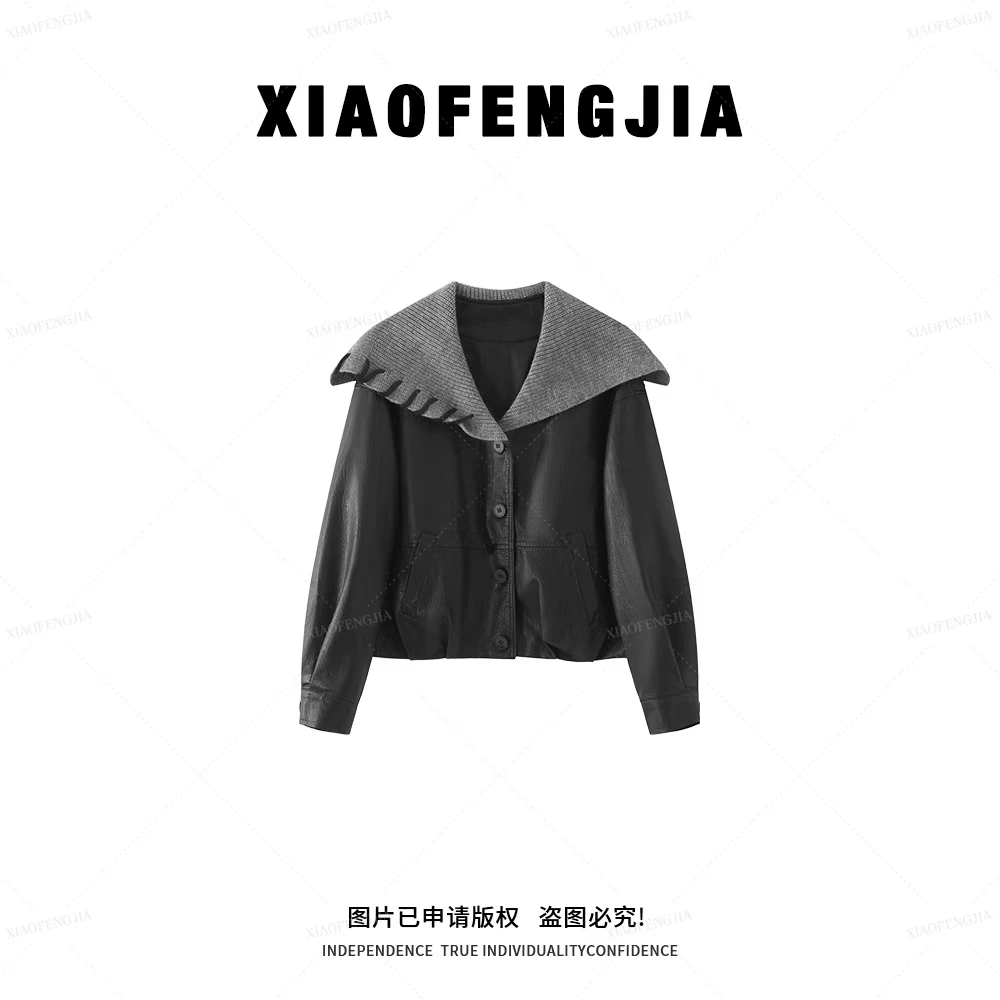 早秋新款设计感海军领皮衣夹克女休闲显瘦短款外套