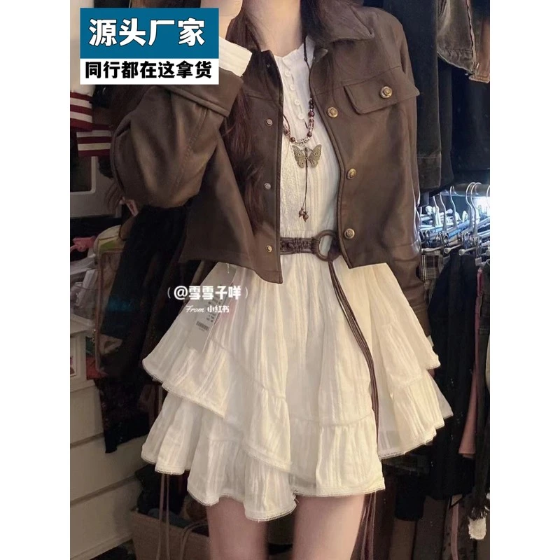 梵乐芬洋气复古chic长袖连衣裙收腰系带气质短款小外套时尚两件套