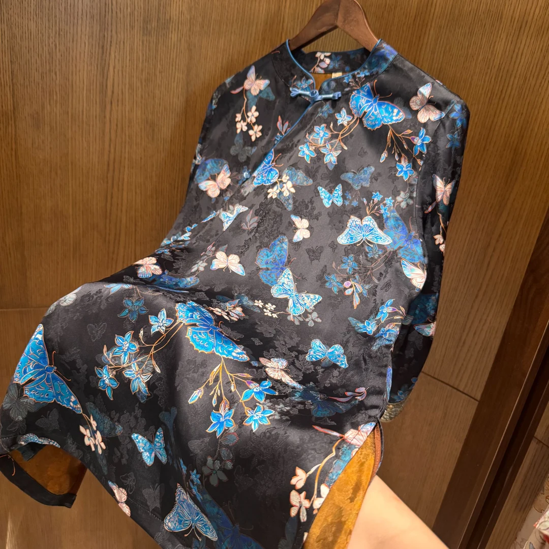 《闪蝶》常规款斜襟短袖立领厚款长款上衣大袖网红重磅时尚