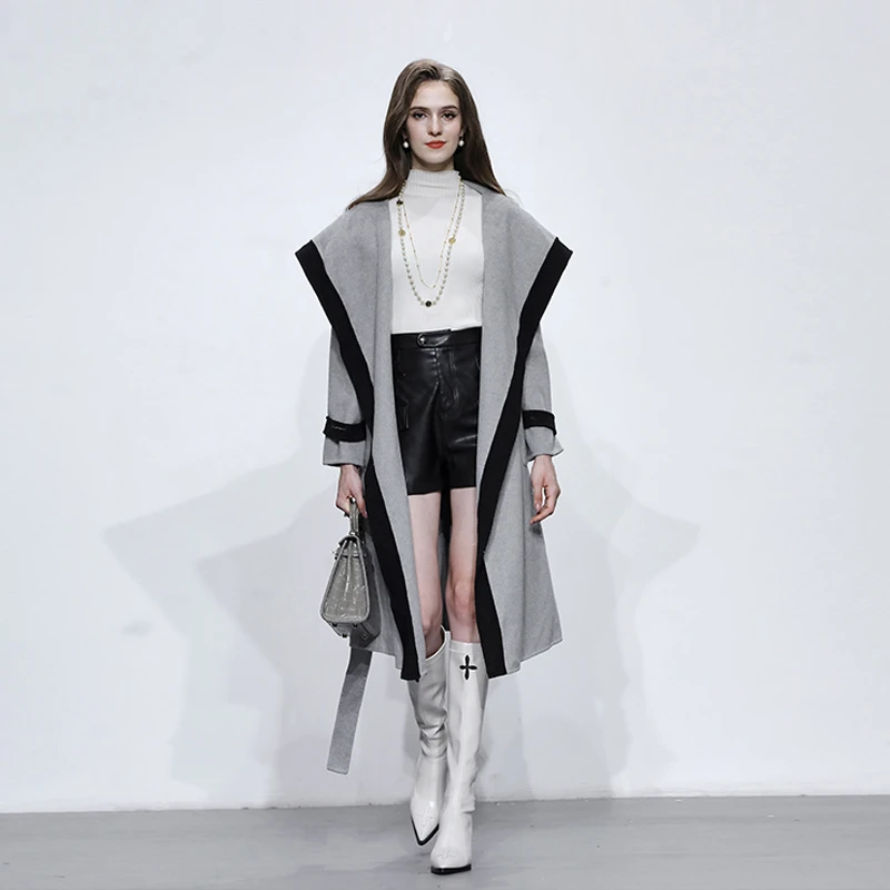 DF-秋冬新款时尚双面呢连帽羊毛大衣气质简约休闲毛呢外套G25789