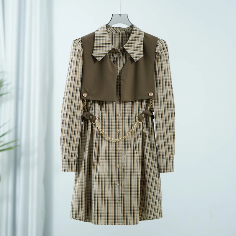 莉推荐【三C・伊】E106  春秋格纹气质叠穿连衣裙Y22320119L00