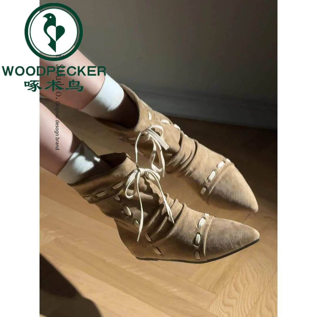 啄木鸟复古绒面短靴女2025新款秋百搭内增高堆堆靴尖头西部牛仔靴