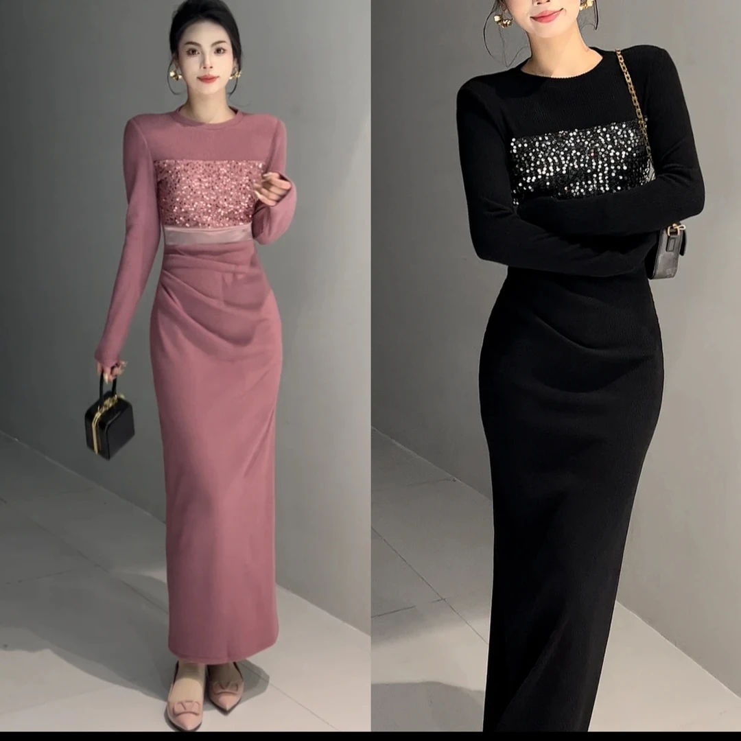 D199温柔风轻奢包臀裙开叉气质名媛长袖连衣裙女秋修身显瘦高级感