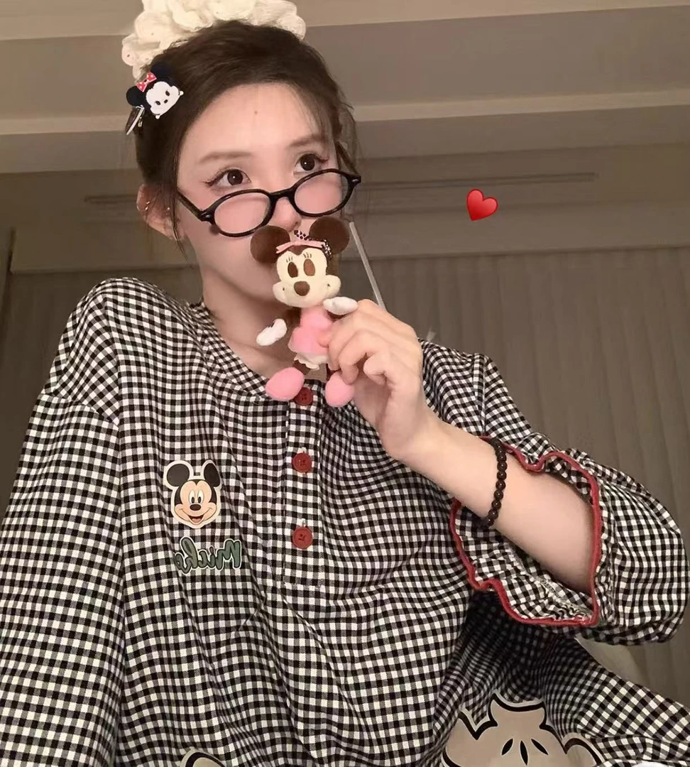 【黑格米奇】睡衣女春秋季新款黑格子米奇长袖长裤家居服两件套装