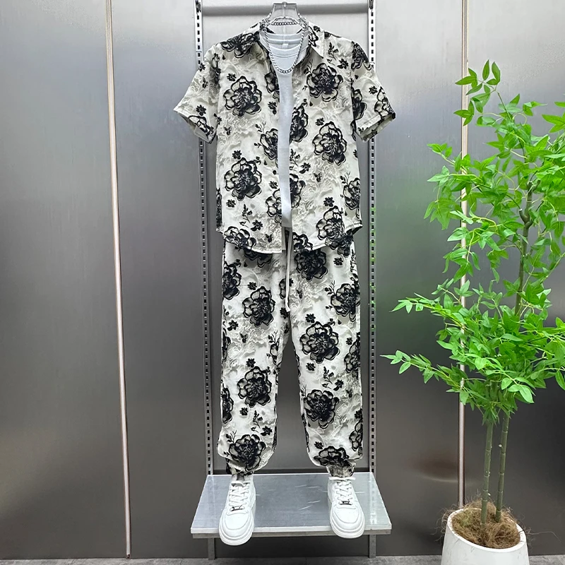 2025新款男长裤提花翻领夏季休闲运动套装男款薄款轻奢气质俩件套