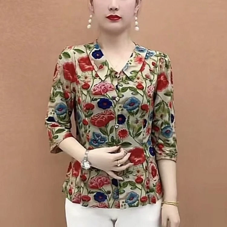 2025年夏季新款七分袖T恤女印花打底小衫妈妈装显瘦上衣