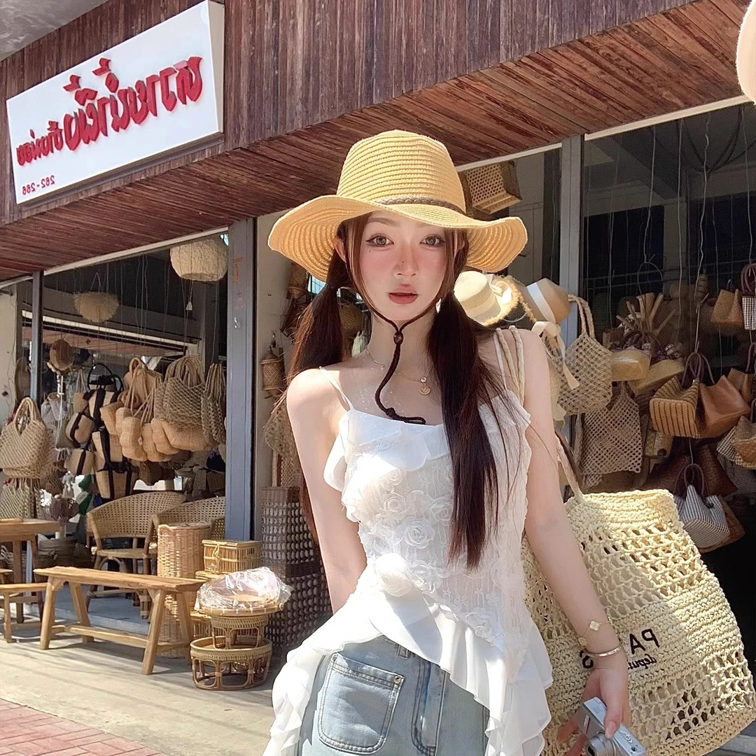 不规则设计吊带上衣修身女新款飘带蕾丝花边休闲时尚百搭无袖小衫