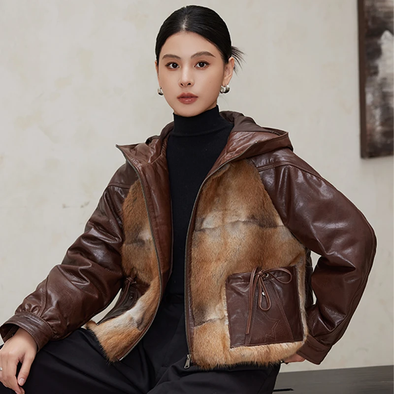 真皮皮衣 青根貂皮草 女短款外套连帽老钱风2025新款鹅绒服
