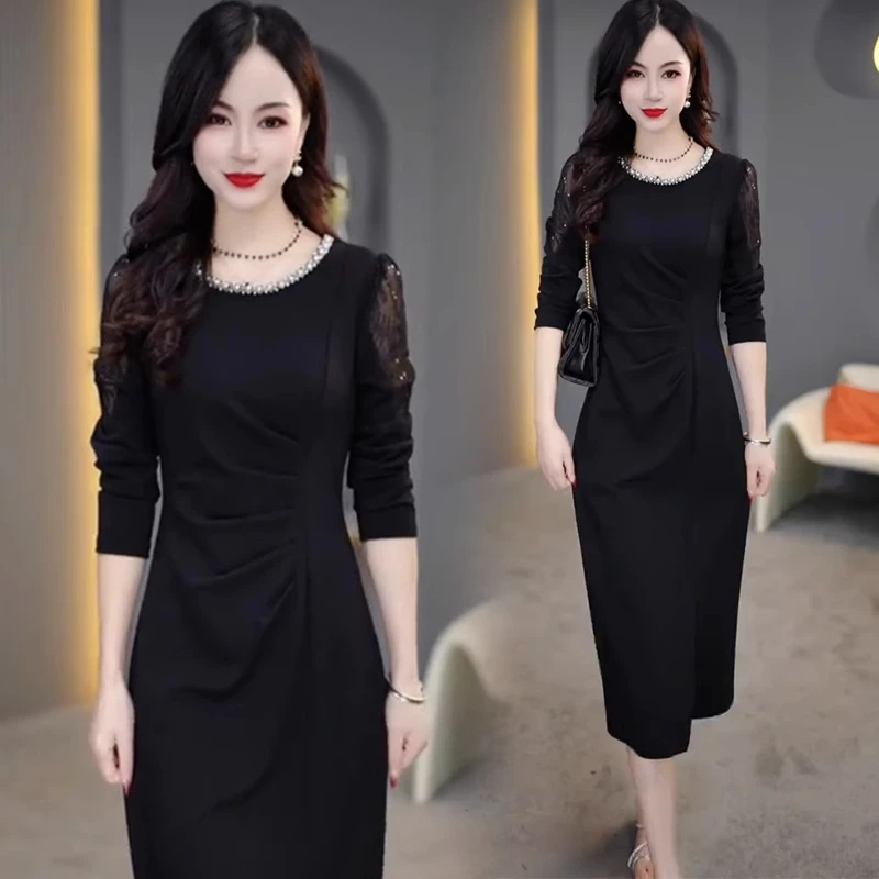 时尚长袖连衣裙女2025春秋新款洋气质显瘦中长款收腰开叉打底裙子