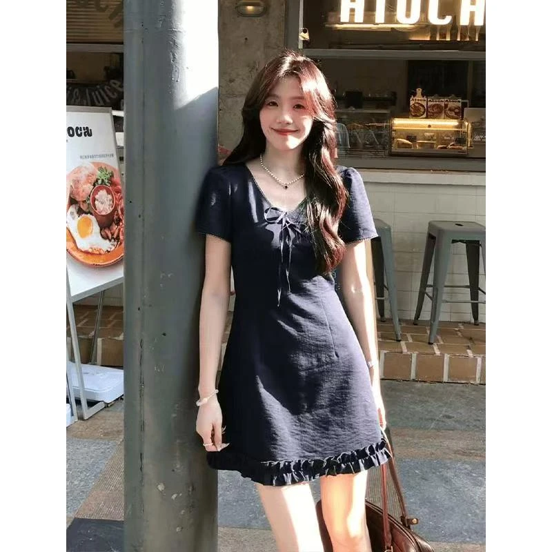 夏季新款法式气质系带花边短袖V领连衣裙小个子收腰显瘦百搭裙子